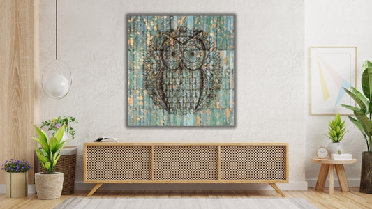 The Green Owl leather wall hanging art