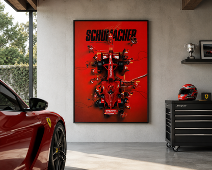 A framed red Ferrari Schumacher poster hangs on a light gray concrete wall in a garage setting, with part of a red sports car visible on the left and a black tool chest on the right.