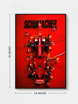 A framed vertical poster featuring a red Formula 1 race car with pit crew members and the word 'SCHUMACHER' in large black letters on a bright red background. White dimension lines indicate 32 inches tall by 24 inches wide, shown against a light gray wall.