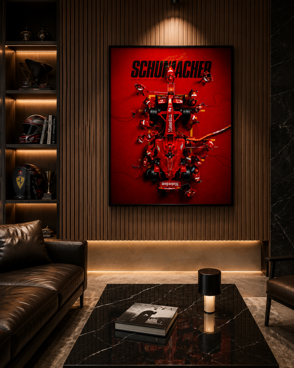 A framed red Ferrari wall art print featuring Schumacher, displayed in a modern living room setting above a black marble coffee table and a dark leather sofa.