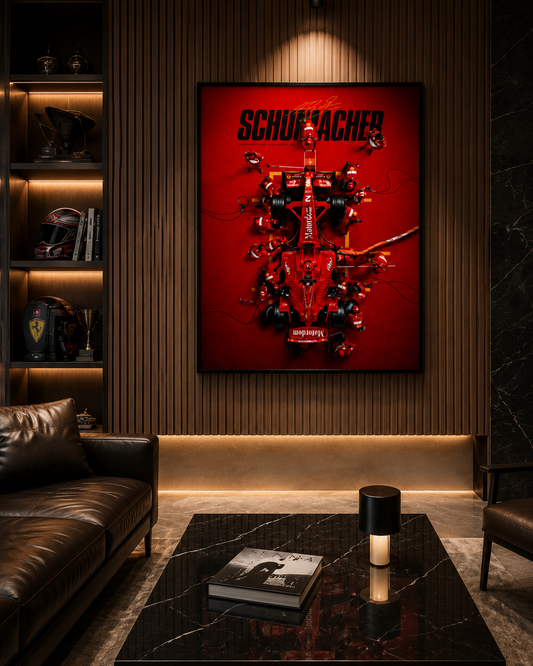 A framed red Ferrari wall art print featuring Schumacher, displayed in a modern living room setting above a black marble coffee table and a dark leather sofa.